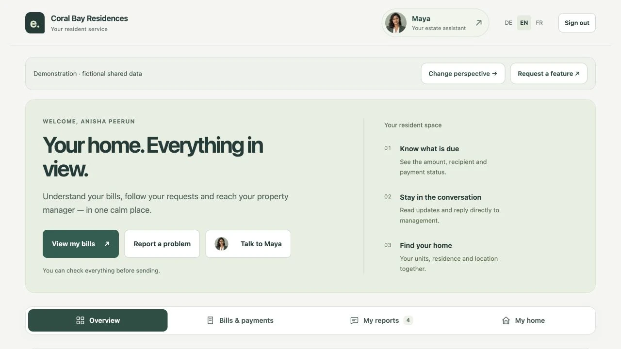 Estate Base Cloud: English-language resident portal with fictional Mauritius demo data