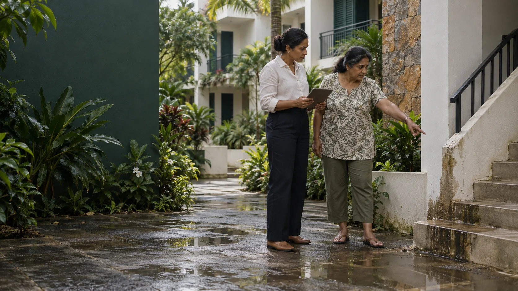 Illustrative scene: a property manager and resident inspect a damp wall in a shared stairwell.