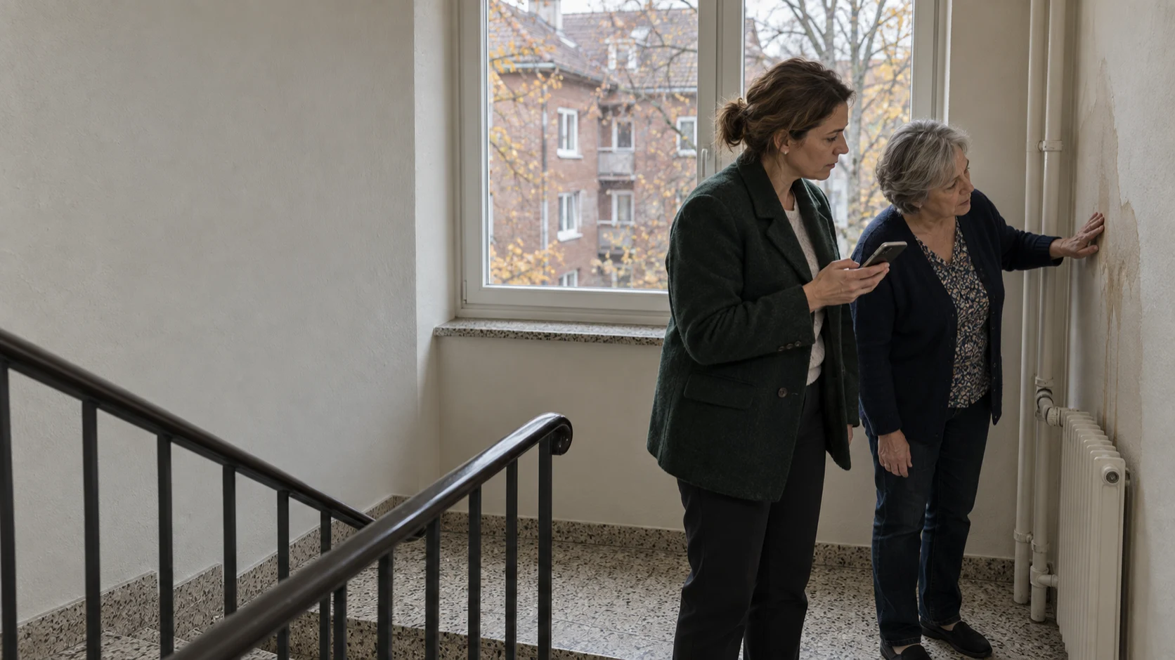 Illustrative Szene in einem deutschen Mehrfamilienhaus: Eine Verwalterin und eine Bewohnerin prüfen einen Wasserfleck im Treppenhaus.
